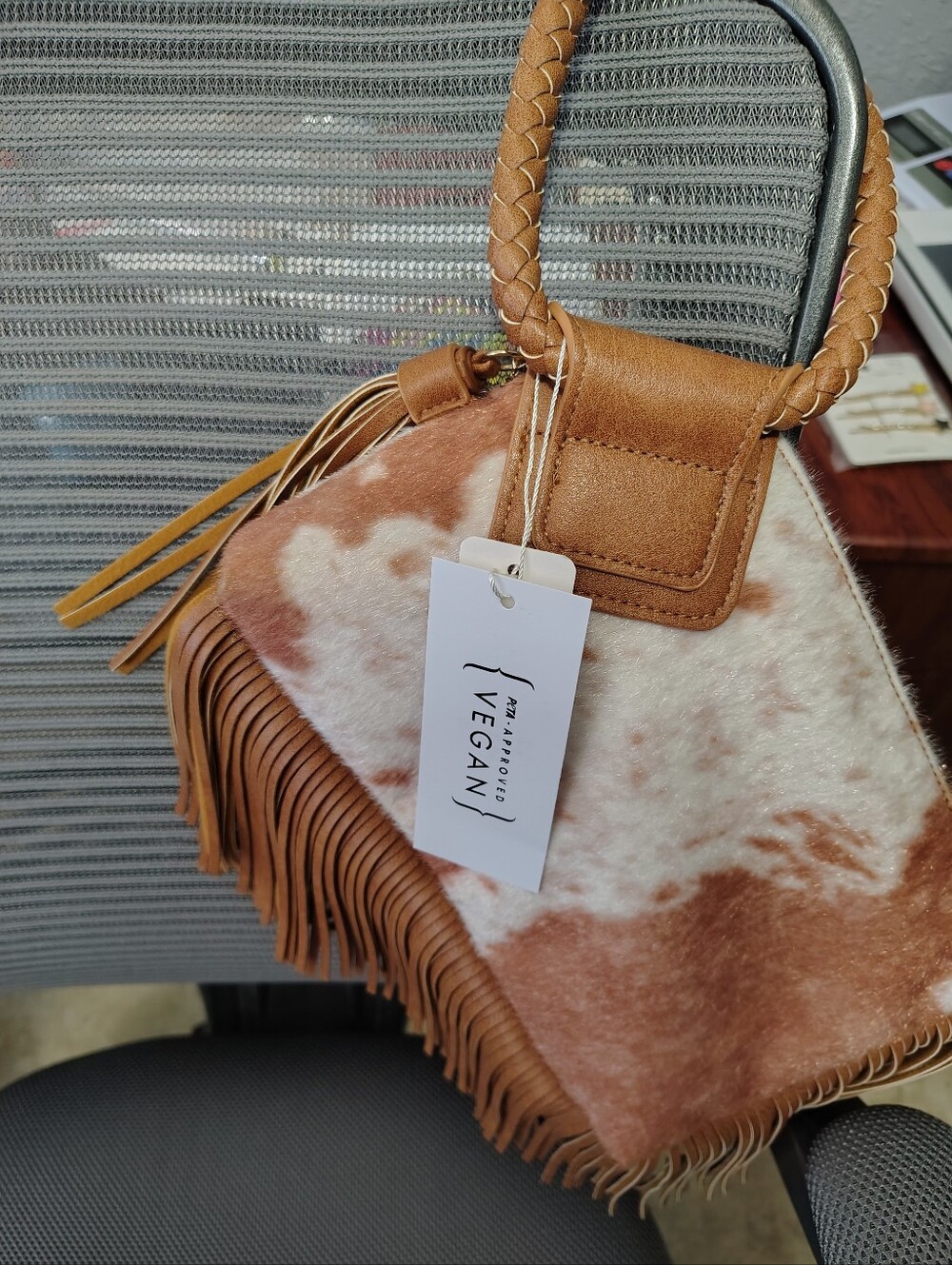 Vegan Brown & Cream Fringe Shoulder Bag